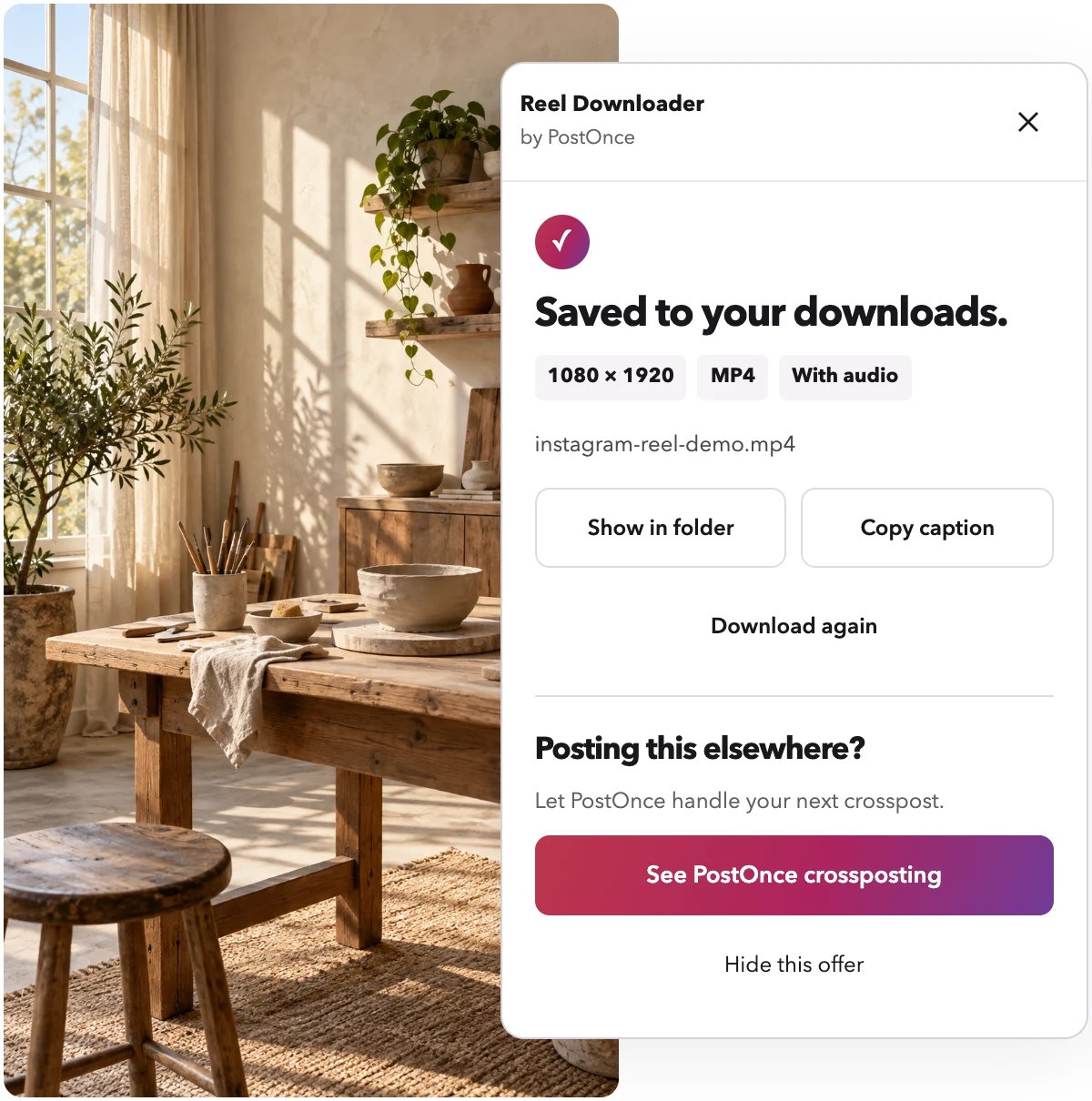 The Reel Downloader panel beside a Instagram post, showing a saved file and its resolution